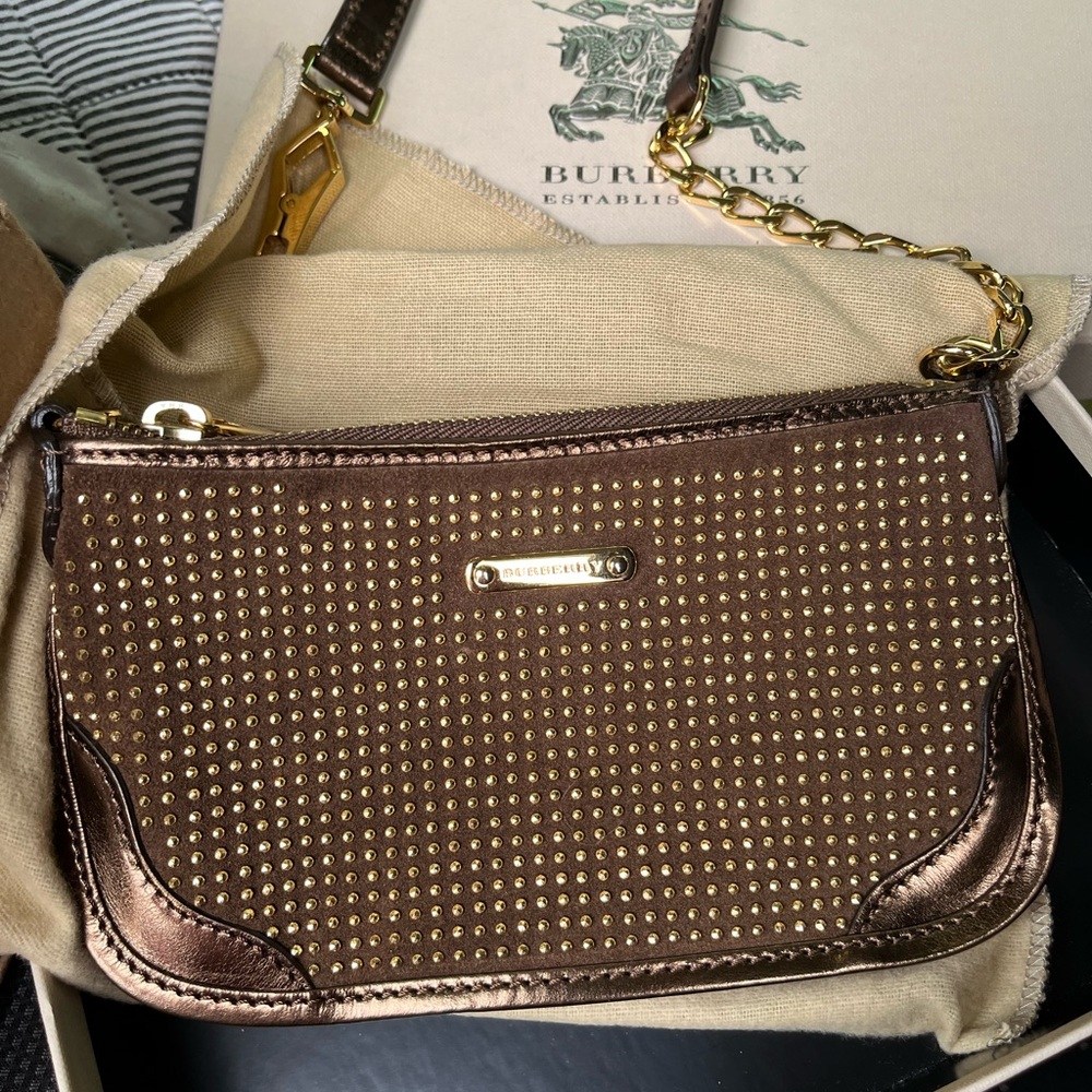 Burberry Brown Leather Wristlet Clutch with Gold Accents
